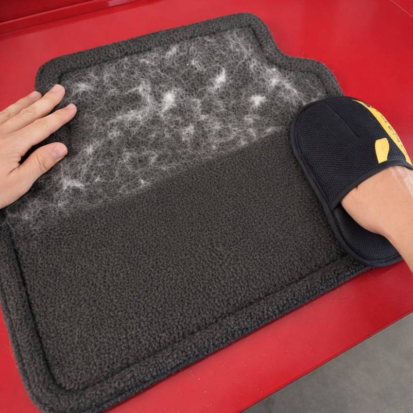 Using the PurePath glove to scrape deeply embedded dog hair from a black car floor mat
