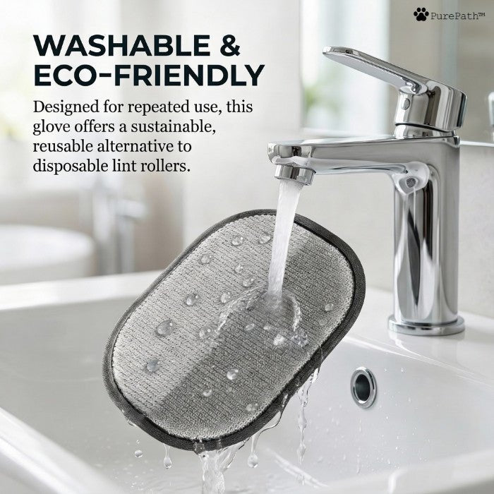 PurePath eco-friendly pet hair glove being rinsed under water in a sink