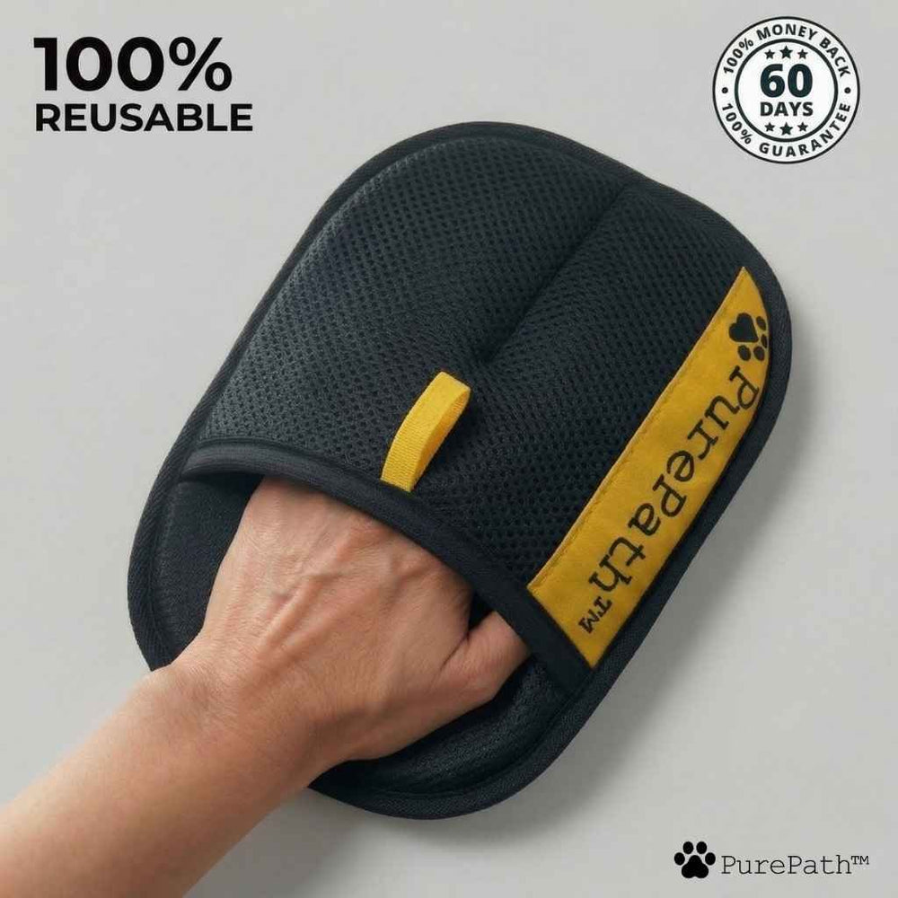 PurePath pet hair remover glove worn on hand showing 100% reusable design