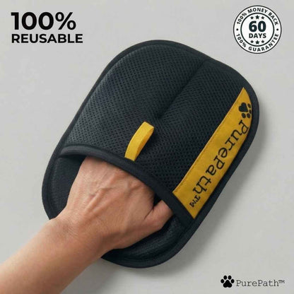 PurePath™ pet hair remover glove worn on hand showing 100% reusable design